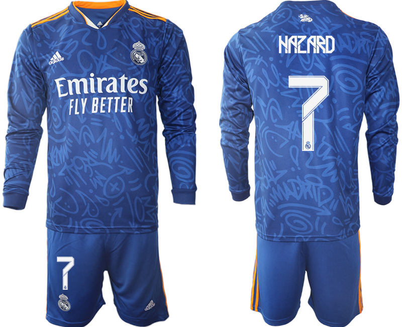 Men 2021-2022 Club Real Madrid away blue Long Sleeve #7 Soccer Jersey->customized soccer jersey->Custom Jersey